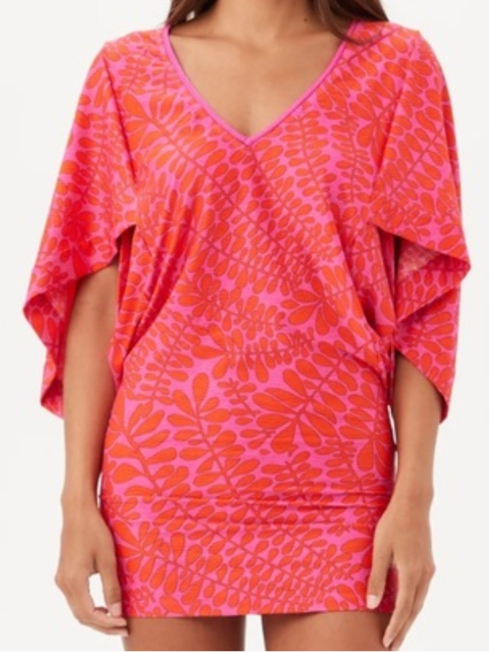 Trina Turk Trellis Pink and Coral Printed V Neck Swim Cover Up Dress - Picture 5 of 9